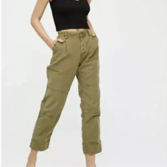 FREE PEOPLE High-Rise Button-Fly Moss Green Utility Boyfriend Pant Size 25 - Picture 2 of 16